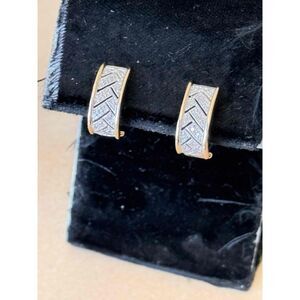 Vintage 14K Gold Diamond Pave Herringbone Hoop Cuff Earrings